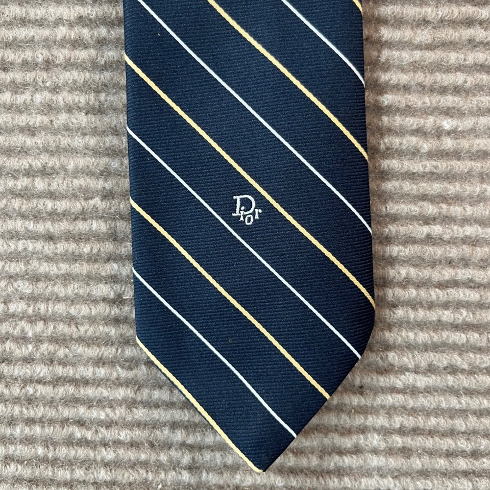 Christian Dior Monsieur Mens Navy Blue Gold White Striped Silk Blend Necktie - Picture 2 of 3